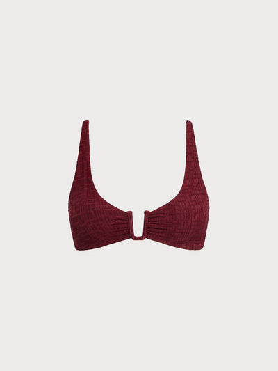Bikini Top Rojo Vino Texturizado con Aro en U y Espalda Cruzada