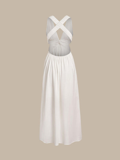 Vestido de Playa Blanco con Cuello en V y Pliegues