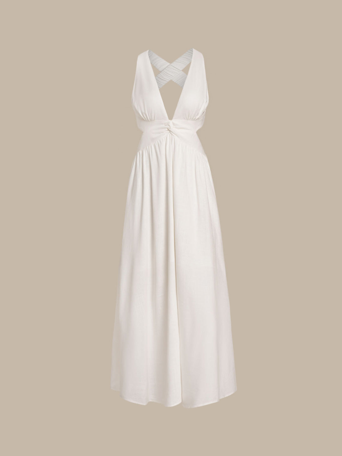 Vestido de Playa Blanco con Cuello en V y Pliegues