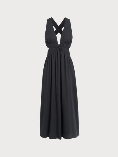 Vestido de playa negro con escote en V y plisado